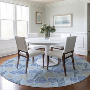 HomeRoots 8' Blue and Beige Geometric Round Rug – Stylish, Washable, UV-Protected for Busy Homes & Kids 645771