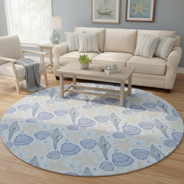 HomeRoots 8' Blue and Beige Geometric Round Rug – Stylish, Washable, UV-Protected for Busy Homes & Kids 645771