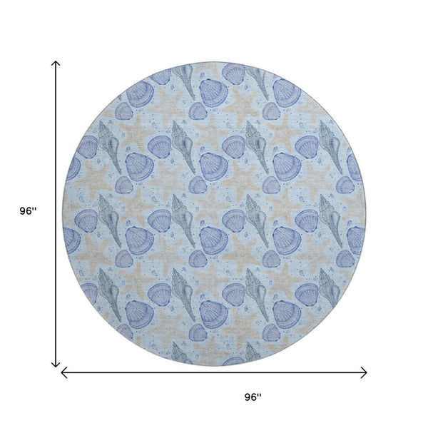 HomeRoots 8' Blue and Beige Geometric Round Rug – Stylish, Washable, UV-Protected for Busy Homes & Kids 645771