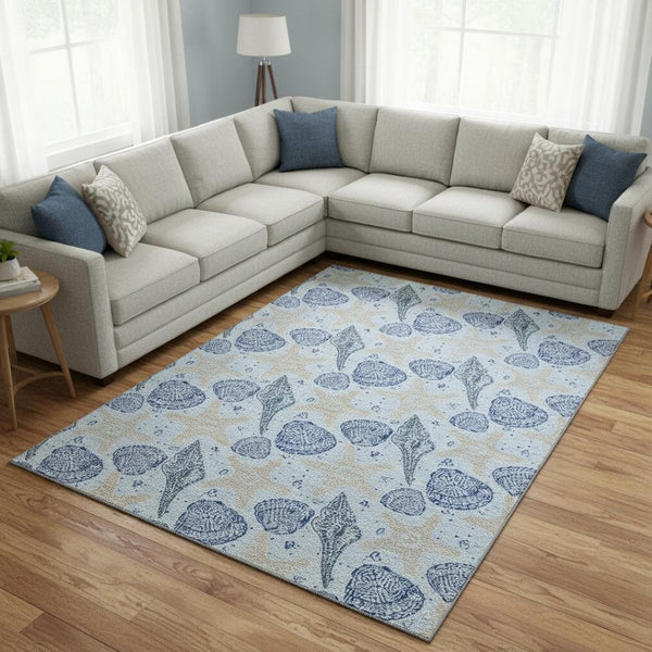 HomeRoots 8' X 10' Coastal Blue Beige Geometric Area Rug - Durable, Washable, UV-Protected for Homes with Pets 645772