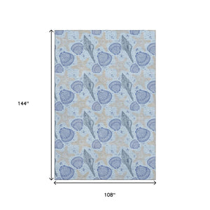 HomeRoots 9' Blue and Beige Geometric Washable Area Rug - Durable, UV-Protected, Perfect for High-Traffic Spaces! 645773