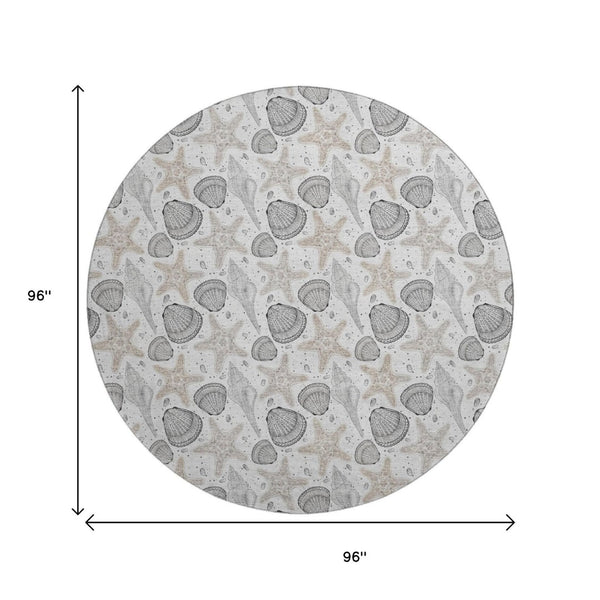HomeRoots 8' Modern Coastal Gray & Charcoal Geometric Washable Round Rug - UV Protection & Stain-Resistant! 645777