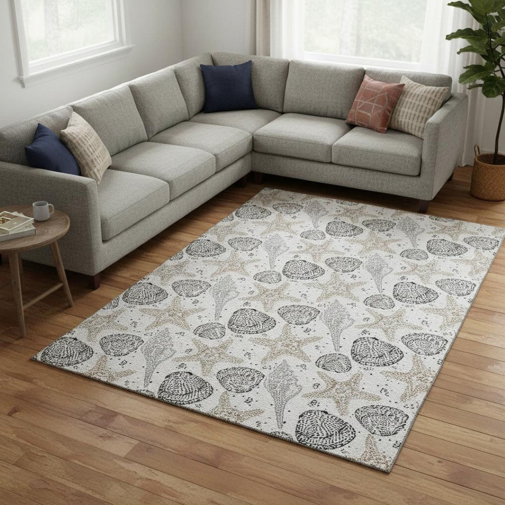 HomeRoots 8' X 10' Light Gray Charcoal Geometric Area Rug - Washable, UV Protected, Durable for Modern Homes 645778