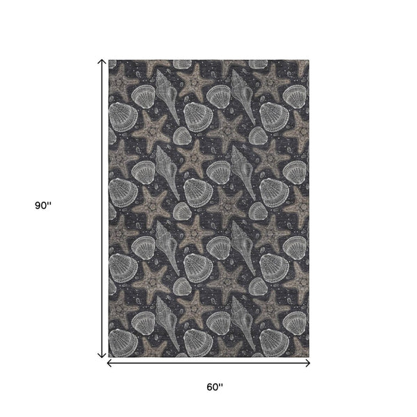 HomeRoots 5' X 8' Washable Geometric Area Rug in Midnight & Taupe - Durable, Stain-Resistant & UV Protected! 645782