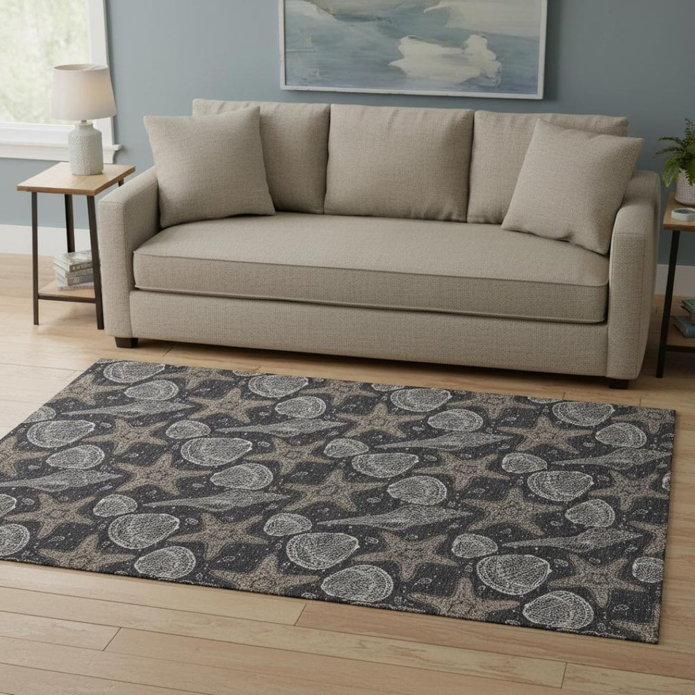HomeRoots 5' X 8' Washable Geometric Area Rug in Midnight & Taupe - Durable, Stain-Resistant & UV Protected! 645782