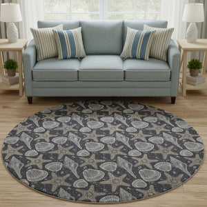 HomeRoots 8' Modern Coastal Midnight and Taupe Geometric Washable Round Rug with UV Protection & Durability 645783