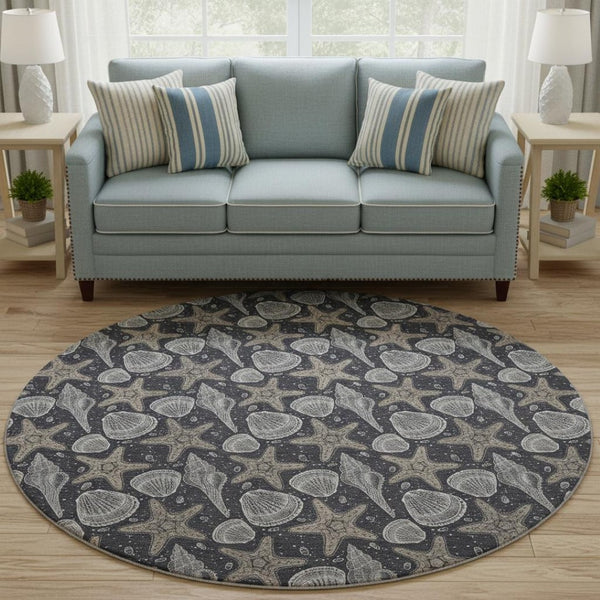 HomeRoots 8' Modern Coastal Midnight and Taupe Geometric Washable Round Rug with UV Protection & Durability 645783