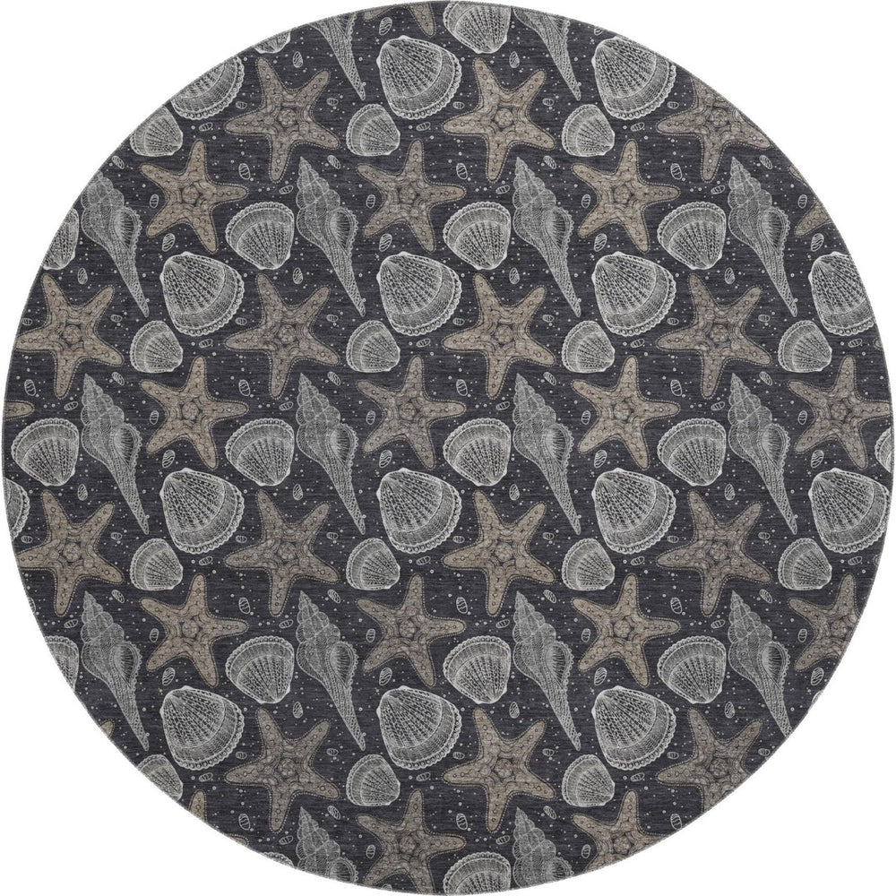 HomeRoots 8' Modern Coastal Midnight and Taupe Geometric Washable Round Rug with UV Protection & Durability 645783