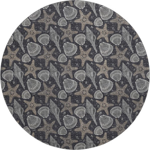HomeRoots 8' Modern Coastal Midnight and Taupe Geometric Washable Round Rug with UV Protection & Durability 645783