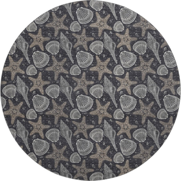 HomeRoots 8' Modern Coastal Midnight and Taupe Geometric Washable Round Rug with UV Protection & Durability 645783