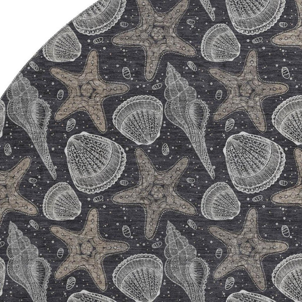 HomeRoots 8' Modern Coastal Midnight and Taupe Geometric Washable Round Rug with UV Protection & Durability 645783