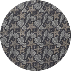 HomeRoots 8' Modern Coastal Midnight and Taupe Geometric Washable Round Rug with UV Protection & Durability 645783