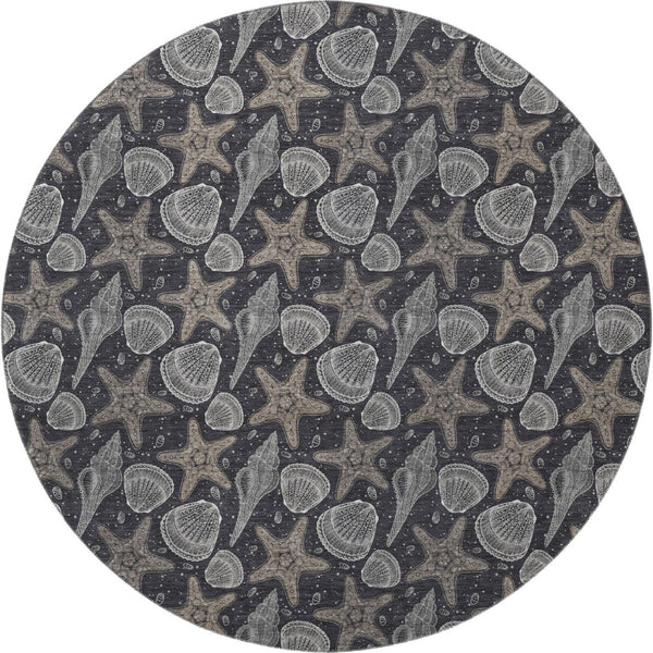 HomeRoots 8' Modern Coastal Midnight and Taupe Geometric Washable Round Rug with UV Protection & Durability 645783