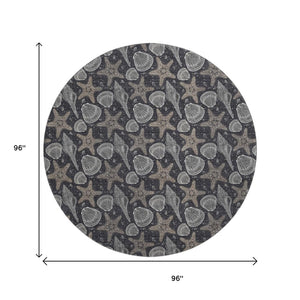 HomeRoots 8' Modern Coastal Midnight and Taupe Geometric Washable Round Rug with UV Protection & Durability 645783