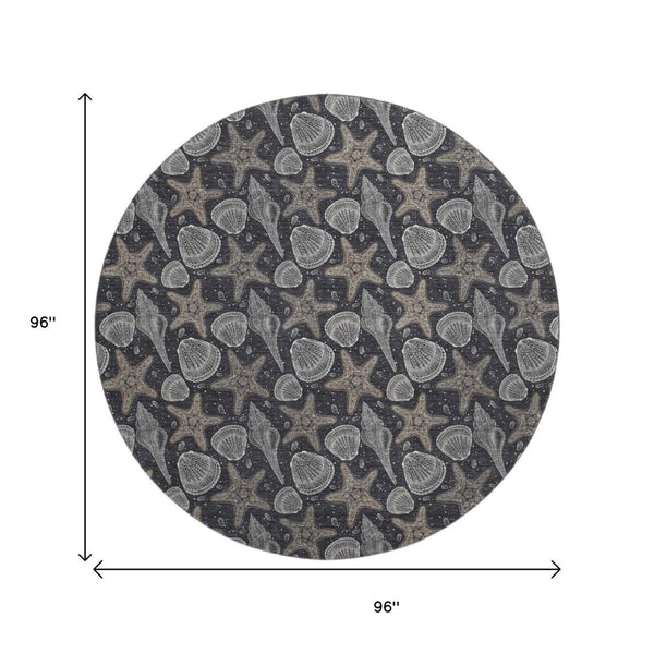 HomeRoots 8' Modern Coastal Midnight and Taupe Geometric Washable Round Rug with UV Protection & Durability 645783