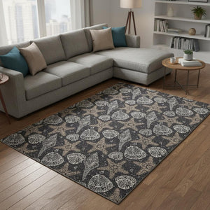 HomeRoots 9' X 12' Coastal-Inspired Midnight & Taupe Geometric Washable Area Rug with Stain Resistance & UV Shield 645785