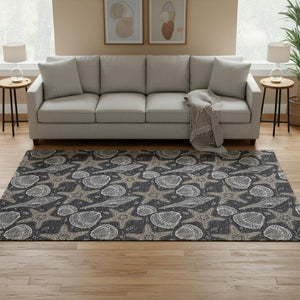 HomeRoots 10' X 14' Modern Coastal Geometric Area Rug in Midnight & Taupe - Washable & UV Protected! 645786
