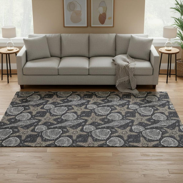 HomeRoots 10' X 14' Modern Coastal Geometric Area Rug in Midnight & Taupe - Washable & UV Protected! 645786