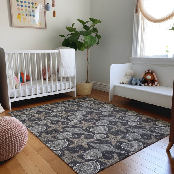 HomeRoots 10' X 14' Modern Coastal Geometric Area Rug in Midnight & Taupe - Washable & UV Protected! 645786
