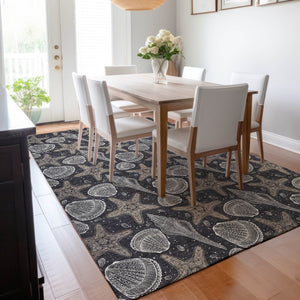 HomeRoots 10' X 14' Modern Coastal Geometric Area Rug in Midnight & Taupe - Washable & UV Protected! 645786