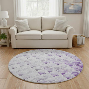 HomeRoots 8' Stylish Purple Ivory & Gray Geometric Washable Round Rug with UV Protection for Versatile Spaces 645795