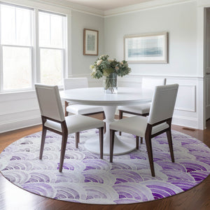 HomeRoots 8' Stylish Purple Ivory & Gray Geometric Washable Round Rug with UV Protection for Versatile Spaces 645795