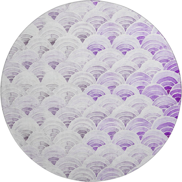 HomeRoots 8' Stylish Purple Ivory & Gray Geometric Washable Round Rug with UV Protection for Versatile Spaces 645795