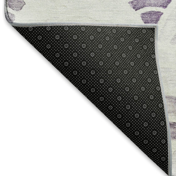 HomeRoots 8' Stylish Purple Ivory & Gray Geometric Washable Round Rug with UV Protection for Versatile Spaces 645795