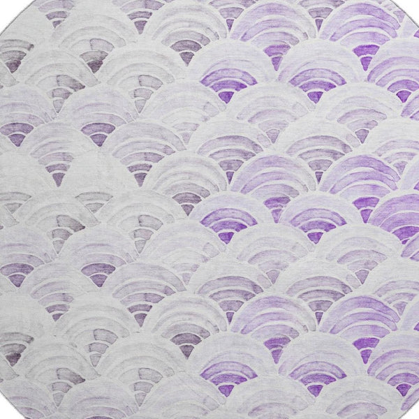 HomeRoots 8' Stylish Purple Ivory & Gray Geometric Washable Round Rug with UV Protection for Versatile Spaces 645795