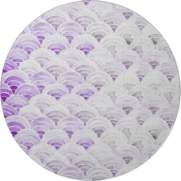 HomeRoots 8' Stylish Purple Ivory & Gray Geometric Washable Round Rug with UV Protection for Versatile Spaces 645795