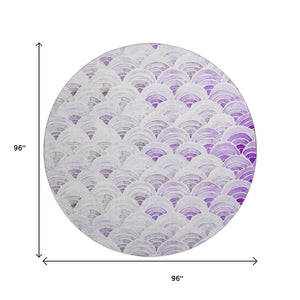 HomeRoots 8' Stylish Purple Ivory & Gray Geometric Washable Round Rug with UV Protection for Versatile Spaces 645795