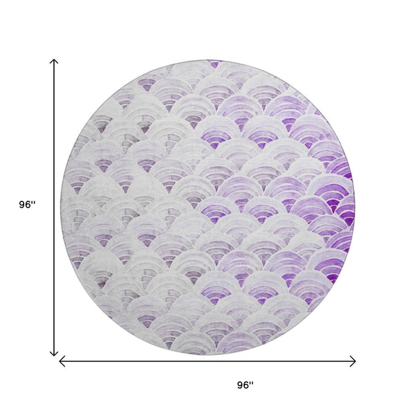 HomeRoots 8' Stylish Purple Ivory & Gray Geometric Washable Round Rug with UV Protection for Versatile Spaces 645795