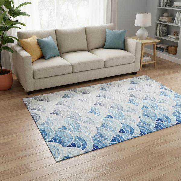 HomeRoots 5' X 8' Washable Geometric Area Rug in Blue, Ivory & Gray - UV Protected, Durable, Easy Care Design 645806
