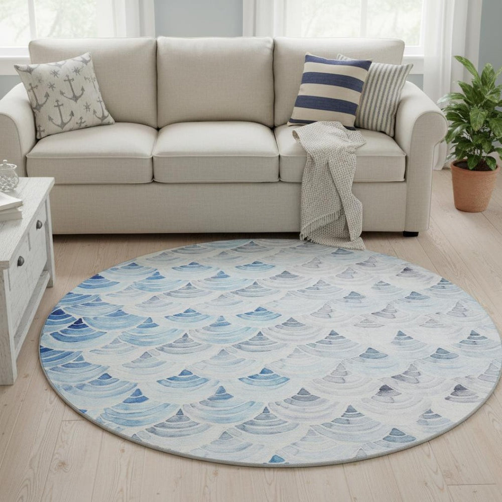 HomeRoots 8' Geometric Round Rug in Blue, Ivory & Gray – Washable, Stain Resistant, UV Protected for All Rooms 645807