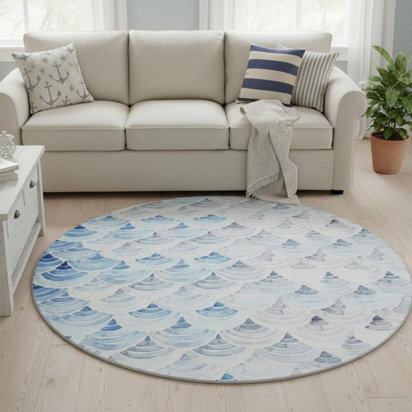 HomeRoots 8' Geometric Round Rug in Blue, Ivory & Gray – Washable, Stain Resistant, UV Protected for All Rooms 645807