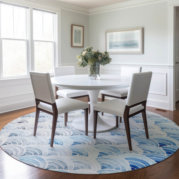 HomeRoots 8' Geometric Round Rug in Blue, Ivory & Gray – Washable, Stain Resistant, UV Protected for All Rooms 645807