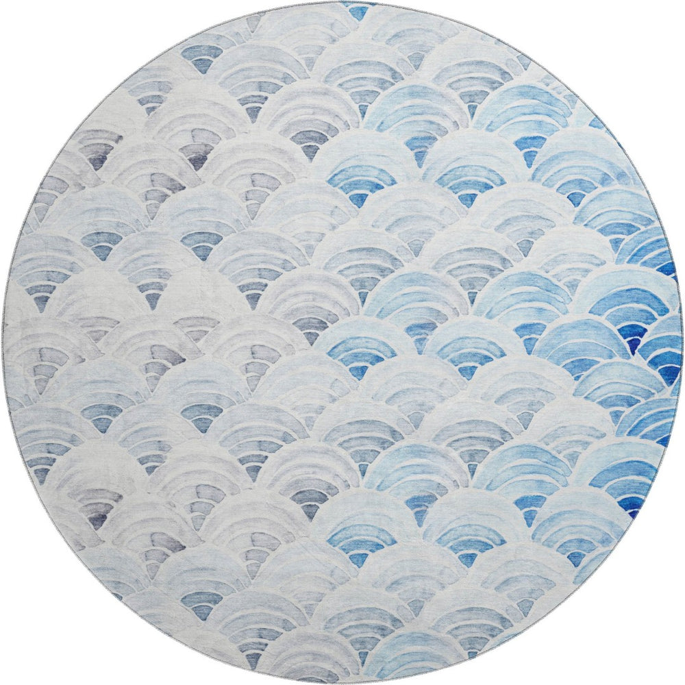 HomeRoots 8' Geometric Round Rug in Blue, Ivory & Gray – Washable, Stain Resistant, UV Protected for All Rooms 645807