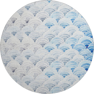 HomeRoots 8' Geometric Round Rug in Blue, Ivory & Gray – Washable, Stain Resistant, UV Protected for All Rooms 645807