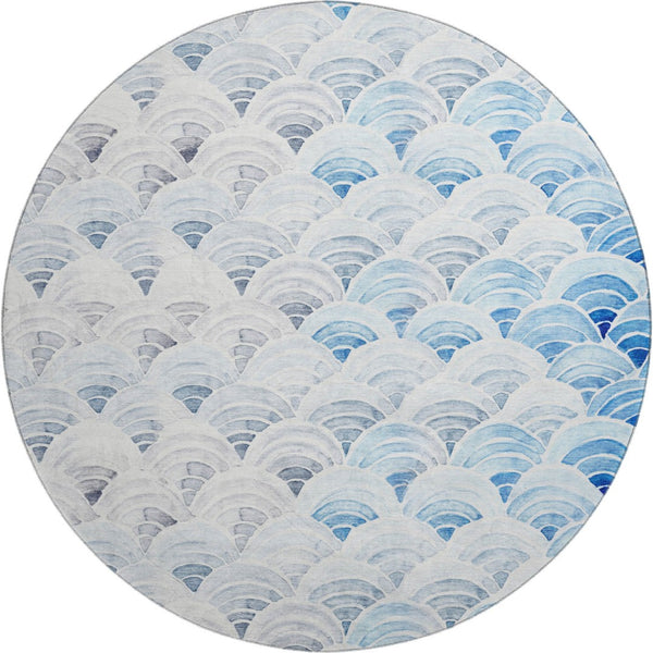 HomeRoots 8' Geometric Round Rug in Blue, Ivory & Gray – Washable, Stain Resistant, UV Protected for All Rooms 645807