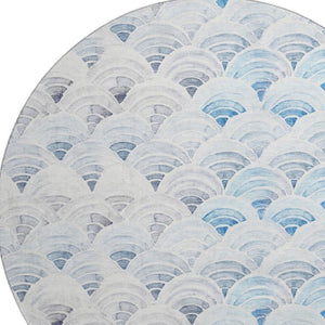 HomeRoots 8' Geometric Round Rug in Blue, Ivory & Gray – Washable, Stain Resistant, UV Protected for All Rooms 645807