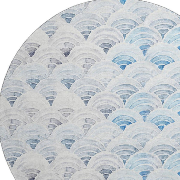 HomeRoots 8' Geometric Round Rug in Blue, Ivory & Gray – Washable, Stain Resistant, UV Protected for All Rooms 645807