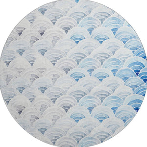 HomeRoots 8' Geometric Round Rug in Blue, Ivory & Gray – Washable, Stain Resistant, UV Protected for All Rooms 645807
