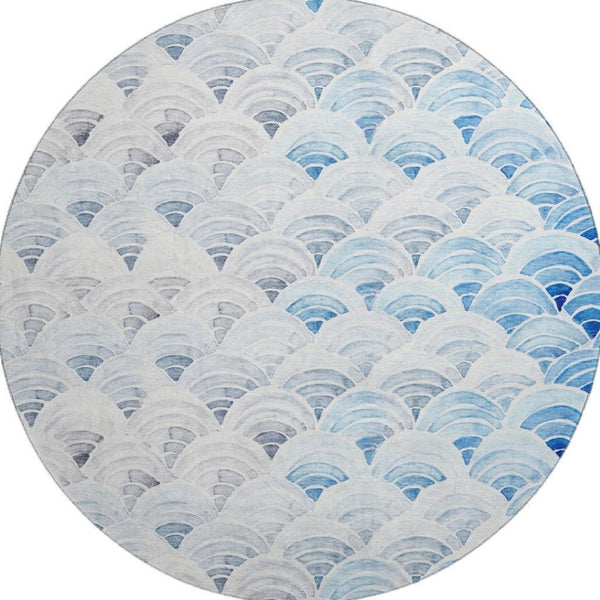 HomeRoots 8' Geometric Round Rug in Blue, Ivory & Gray – Washable, Stain Resistant, UV Protected for All Rooms 645807