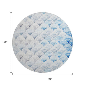 HomeRoots 8' Geometric Round Rug in Blue, Ivory & Gray – Washable, Stain Resistant, UV Protected for All Rooms 645807