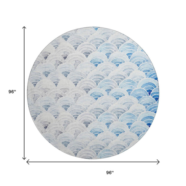 HomeRoots 8' Geometric Round Rug in Blue, Ivory & Gray – Washable, Stain Resistant, UV Protected for All Rooms 645807