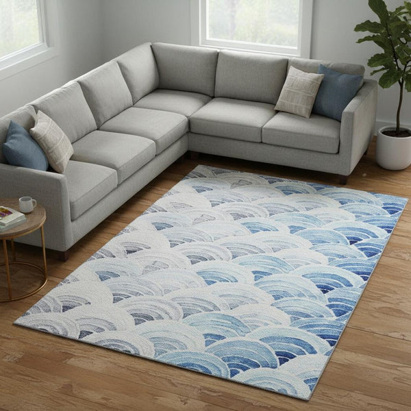 HomeRoots 8' X 10' Blue Ivory Gray Geometric Washable Area Rug - UV Resistant, Stain-Proof, Easy Care Design 645808