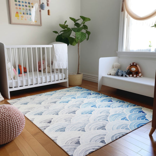 HomeRoots 8' X 10' Blue Ivory Gray Geometric Washable Area Rug - UV Resistant, Stain-Proof, Easy Care Design 645808