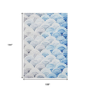 HomeRoots 9' X 12' Coastal-Inspired Blue, Ivory & Gray Geometric Washable Area Rug with UV Protection & Durability 645809