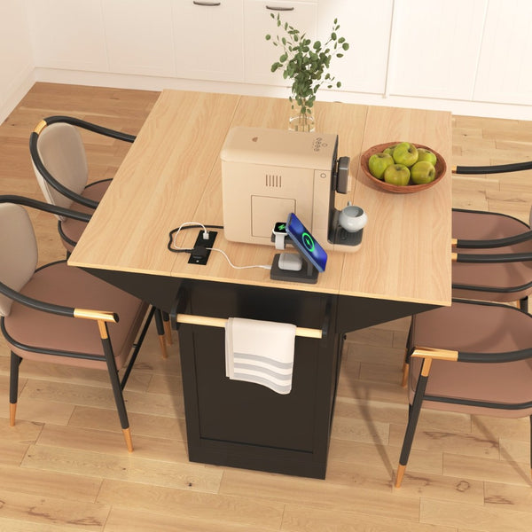English Elm K&k Rolling Kitchen Island with Drop Leaves Power Outlet Drawers and Spice Rack Black N707S186617B