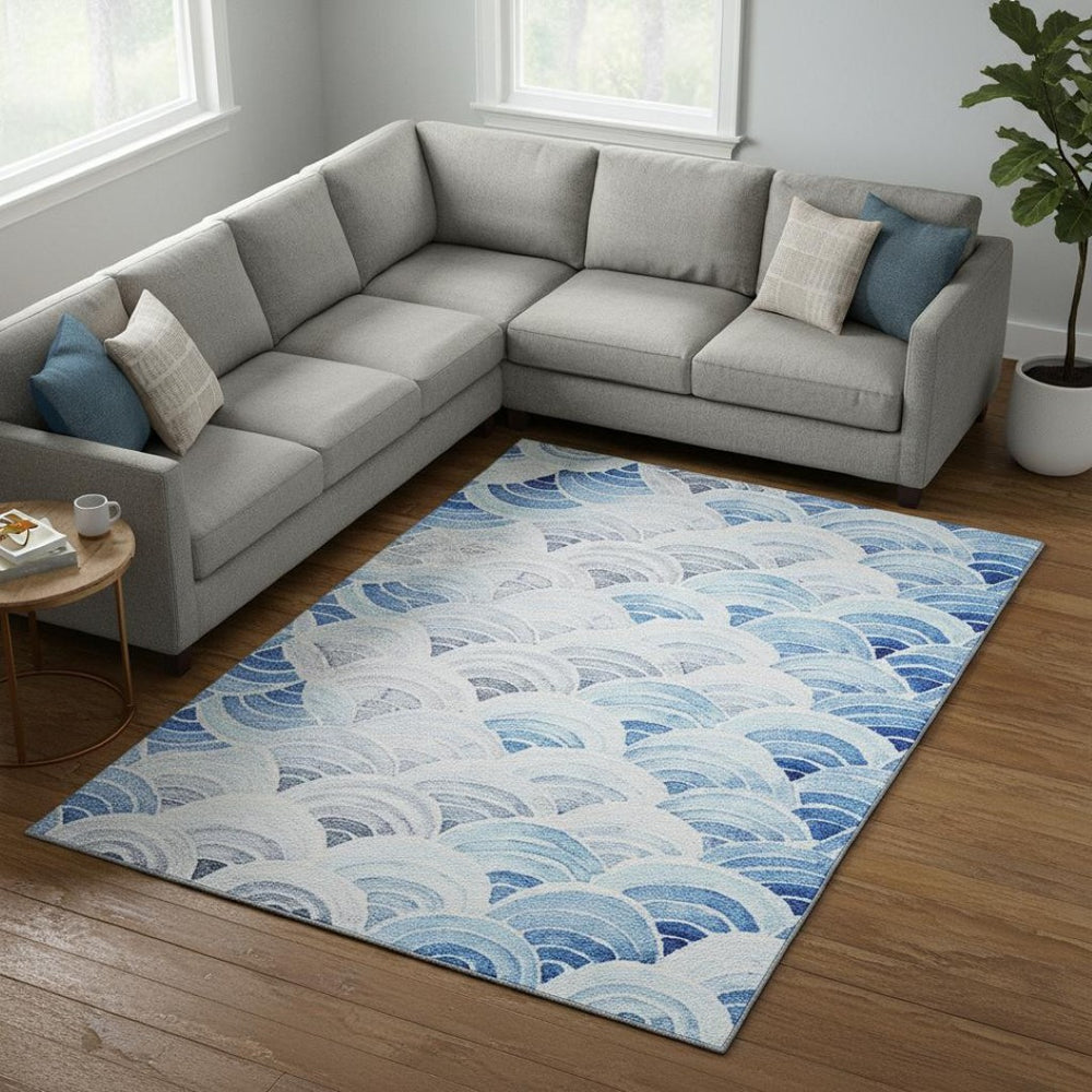 HomeRoots 10' X 14' Coastal Blue Ivory Gray Geometric Washable Area Rug with UV Protection for High-Traffic Areas 645810